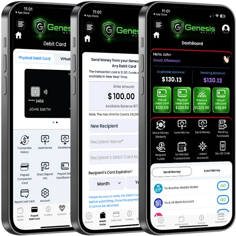 Three screens from the Genesis Wallet app: the debit card screen, a send-money form and the dashboard.