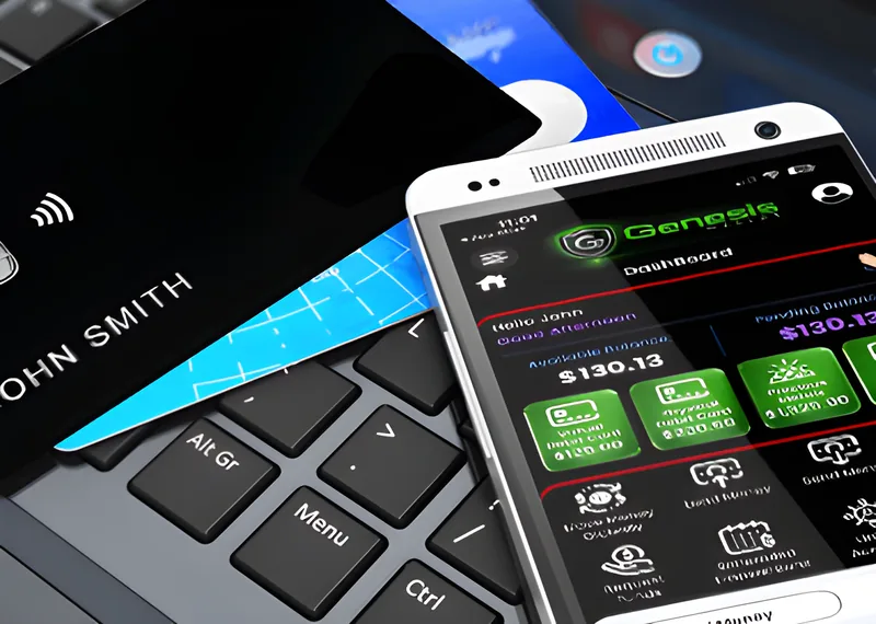 A black Genesis debit card resting on a laptop keyboard next to a phone showing the Genesis Wallet dashboard.
