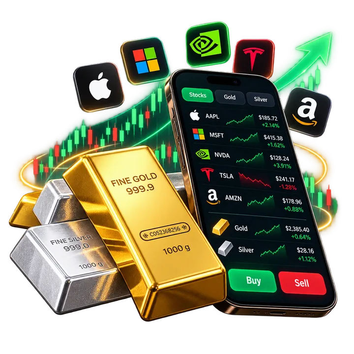 Illustration: a phone showing a watchlist of stocks, gold and silver with Buy and Sell buttons, beside gold and silver bars, under the Apple, Microsoft, NVIDIA, Tesla and Amazon logos and a rising price chart.